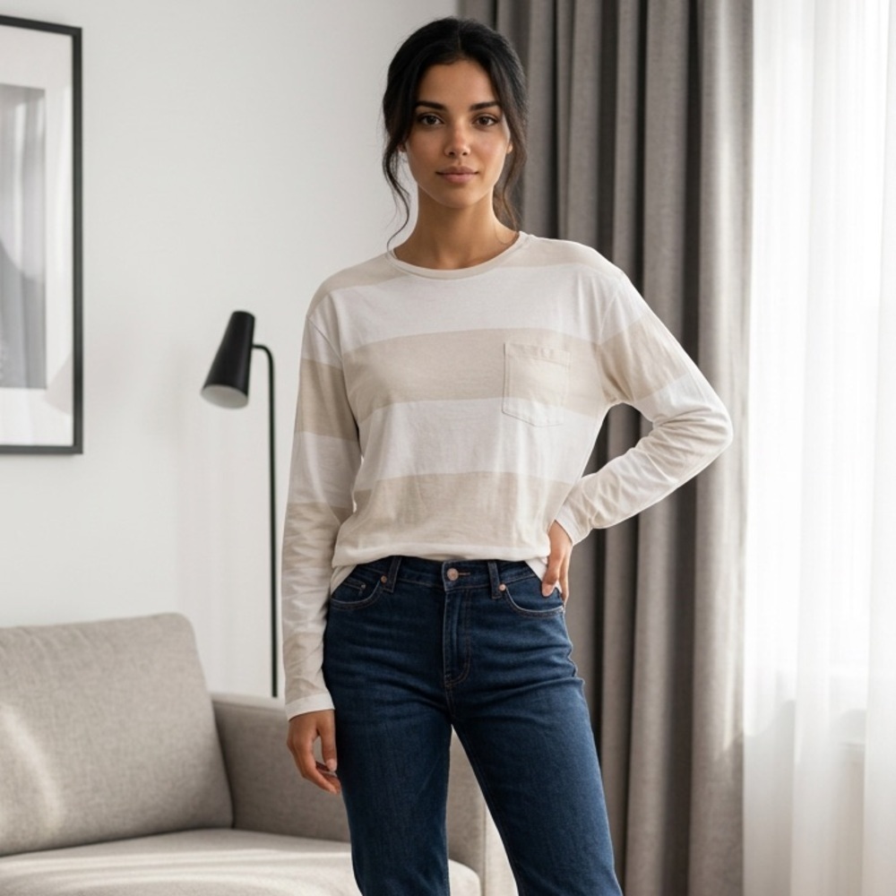 NWOT Goodfellow & Co Women’s Cream/Tan Wide Stripe Long Sleeve Tee Shirt - XXL